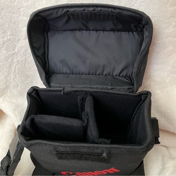 Vtg Canon Camera Bag Shoulder Lens 1990s Black Red Logo 3 Compartments - Picture 4 of 8